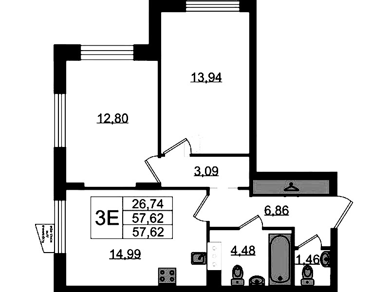 2-комнатная квартира 57.62 м², 4/11 эт., ЖК «VEREN NORT Сертолово»